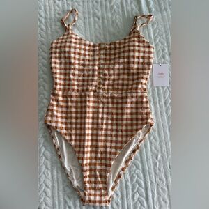 Andie The Snap Long Torso One Piece Swimsuit Seersucker Gingham Sparrow Sz S NWT